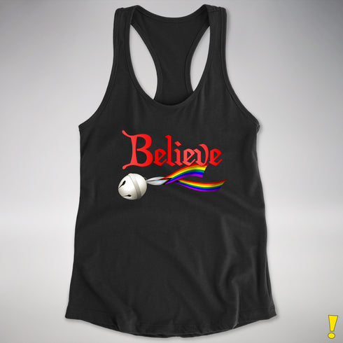 Believe Progress Pride LGBTQ Jingle Bell Racerback Tank - Black